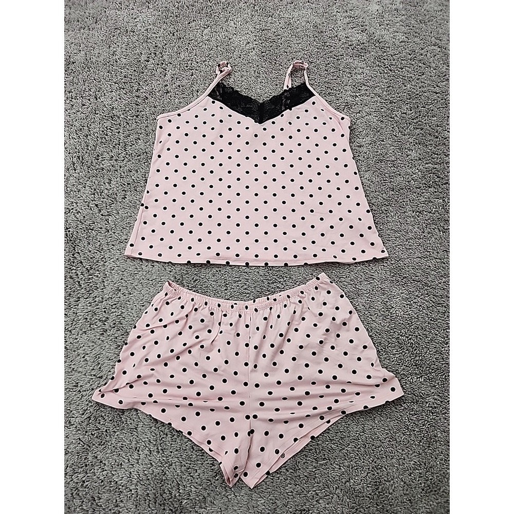 Joyspun Pajama Set Womens S Pink Black Polka Dot Lace Trim Cami Shorts Sleepwear
